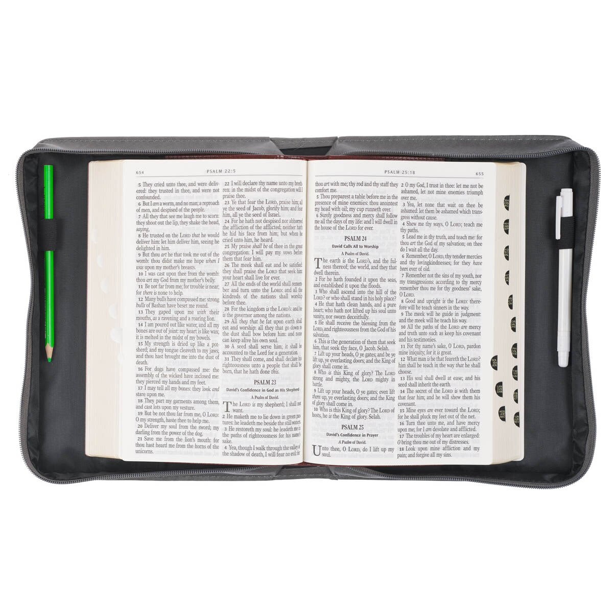 Gray Glorify God Bible cover open with a Bible shown to illustrate fit