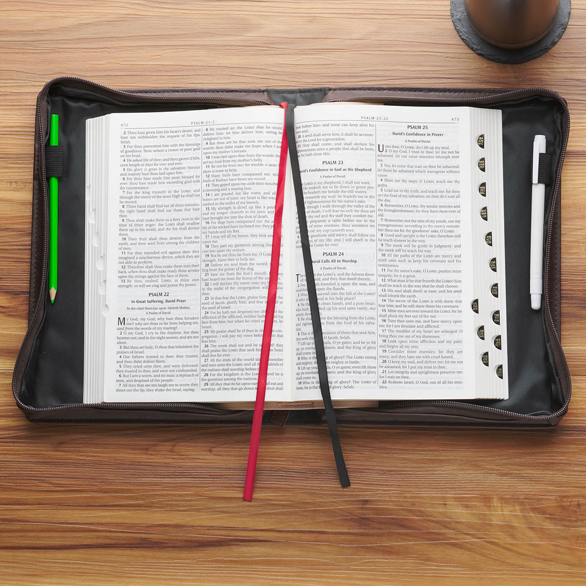 Brown Crown of Thorns cover open with a Bible shown to illustrate fit