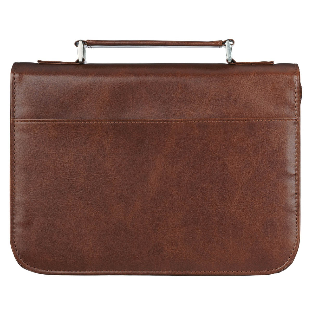 Back of honey-brown lion Bible cover showing slip pocket and carry handle