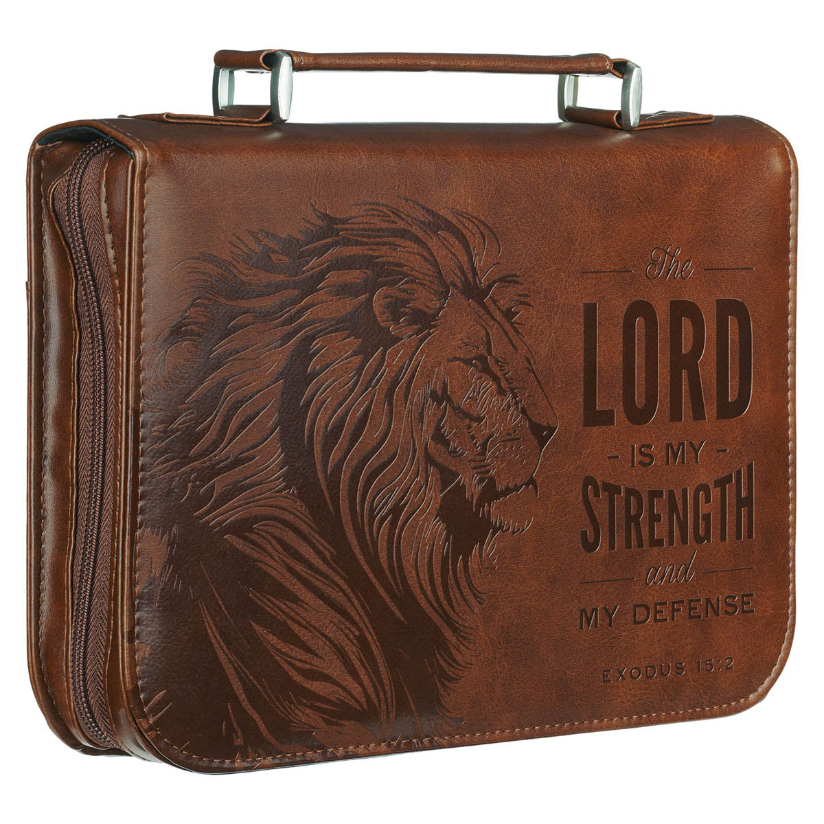 Angled view of honey-brown lion Bible cover with handle and zipper