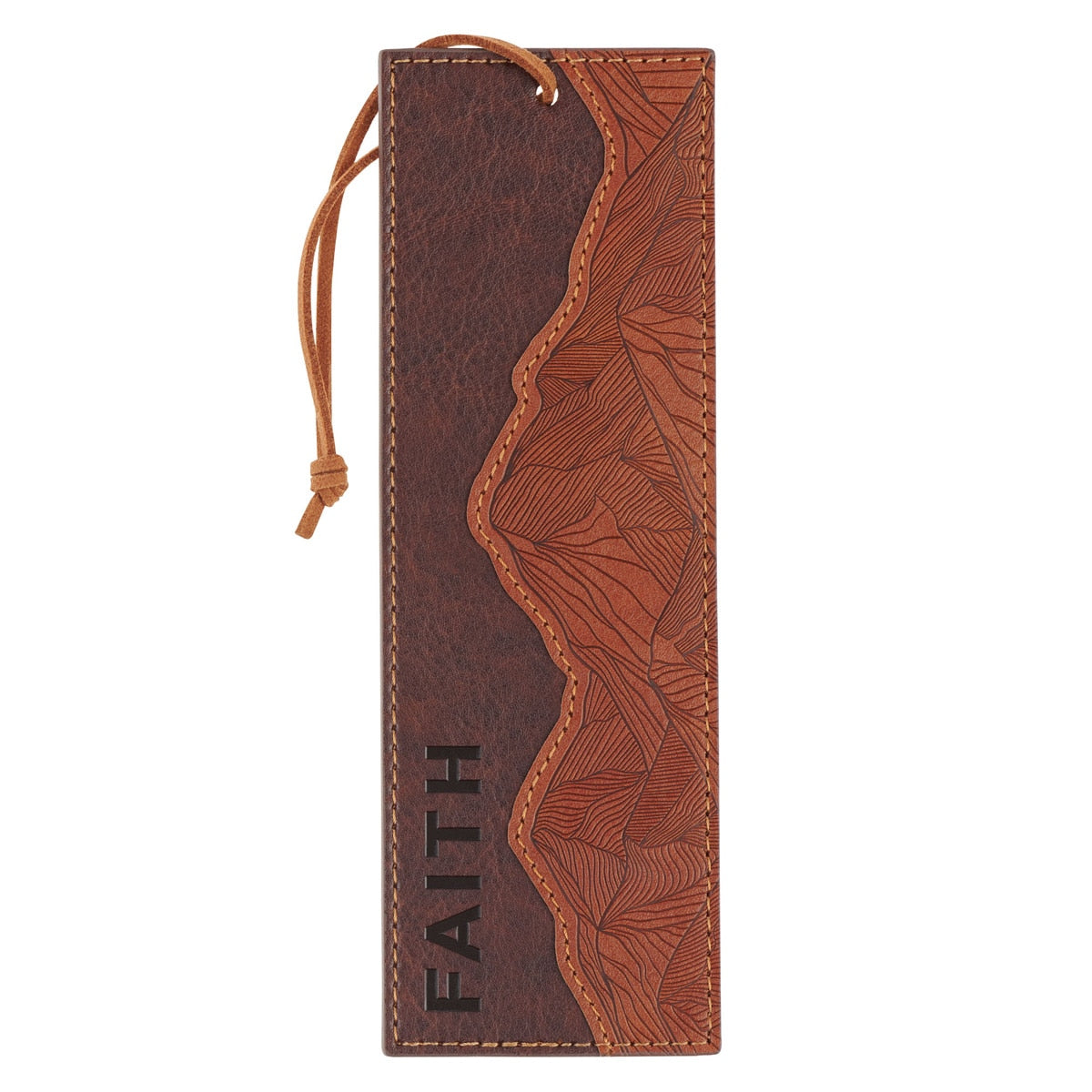 Faith Can Move Mountains chestnut brown faux leather bookmark with mountain ridge and knotted cord