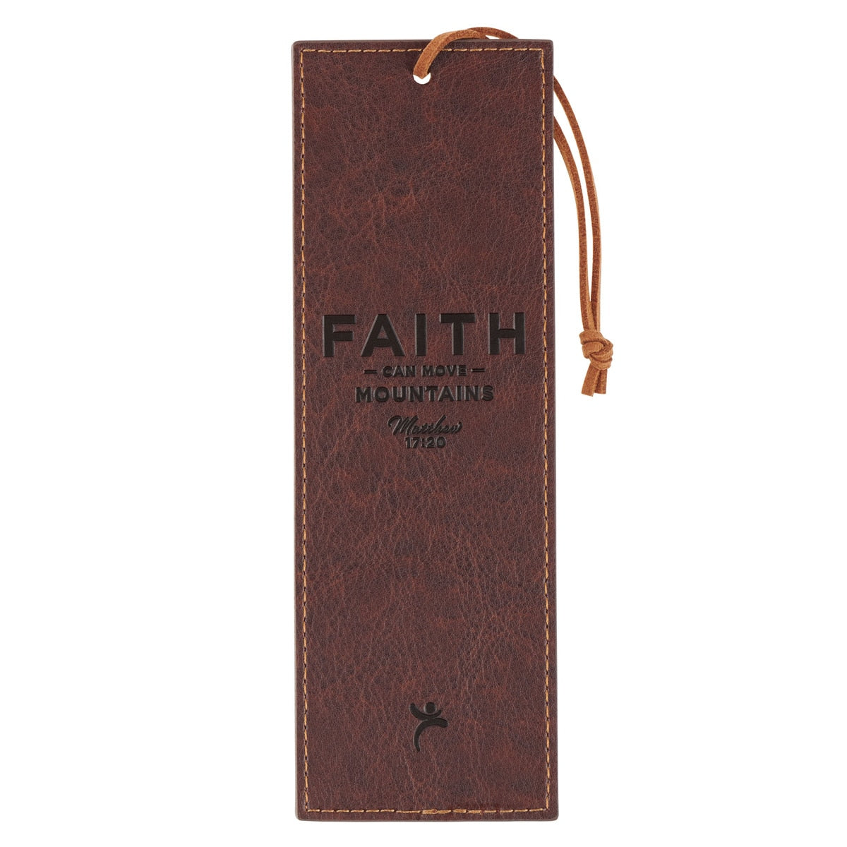 Back of Faith Can Move Mountains brown faux leather bookmark with Matthew17:20 lettering