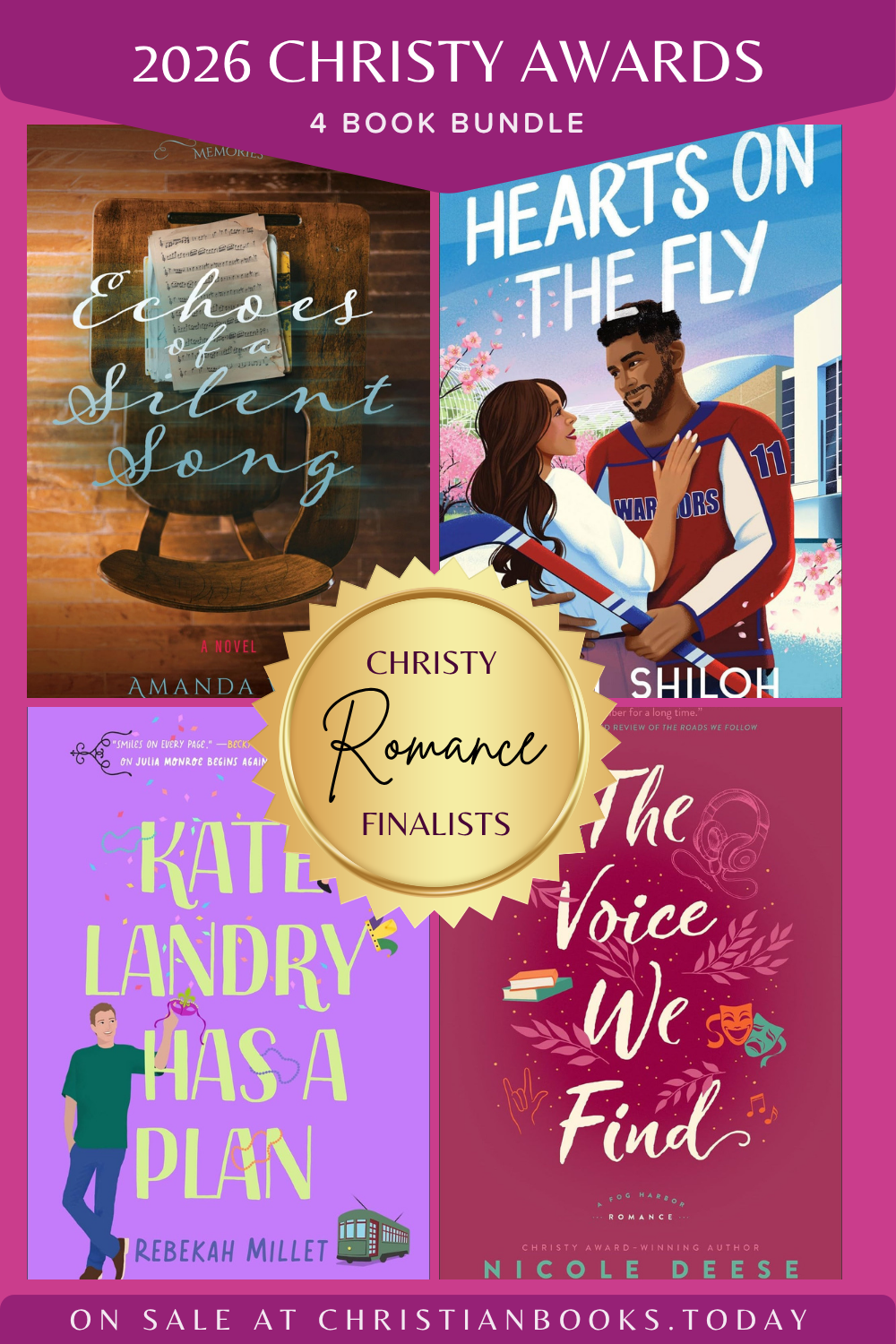 2026 Christy Awards Contemporary Romance 4-book bundle with book covers and a gold finalist seal on a pink background.