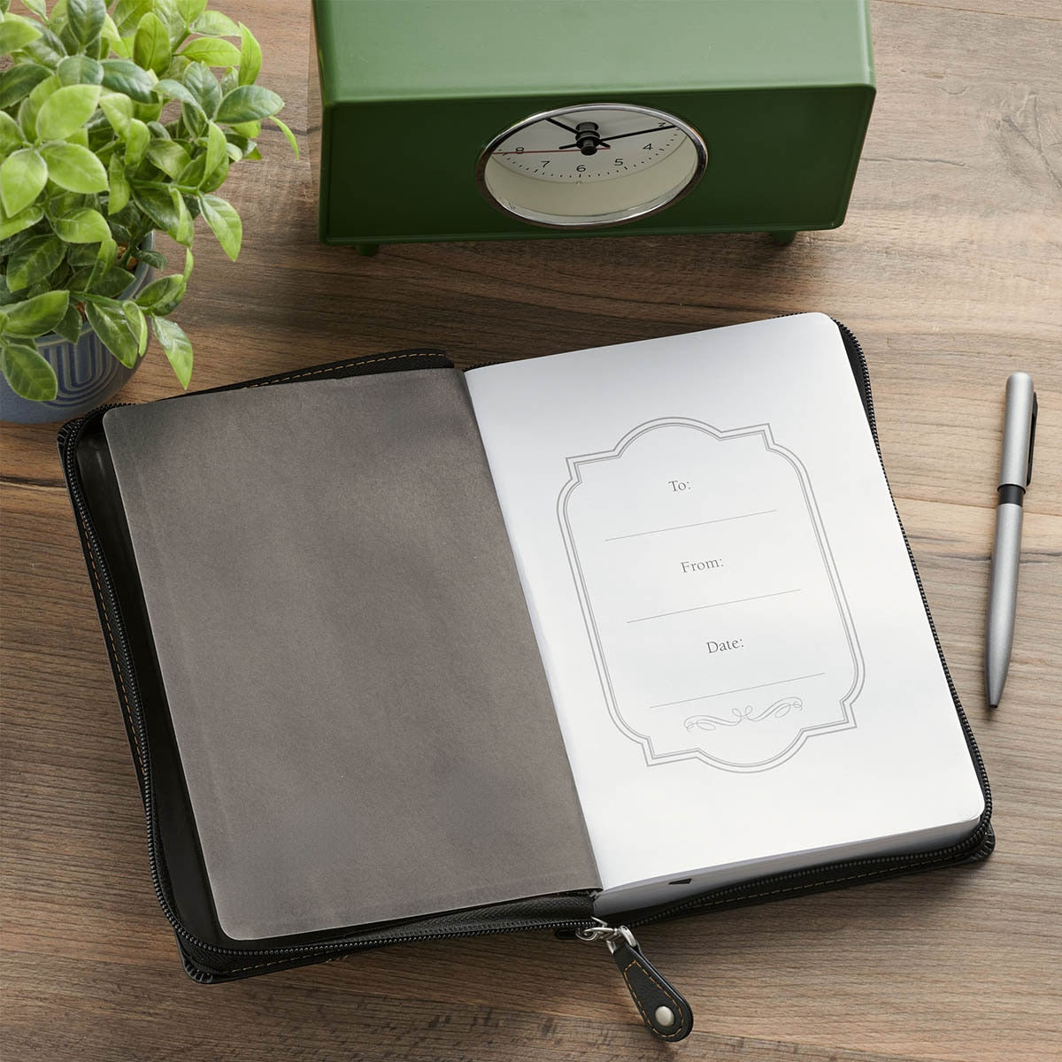 Man of God brown zippered journal open to its gift presentation page