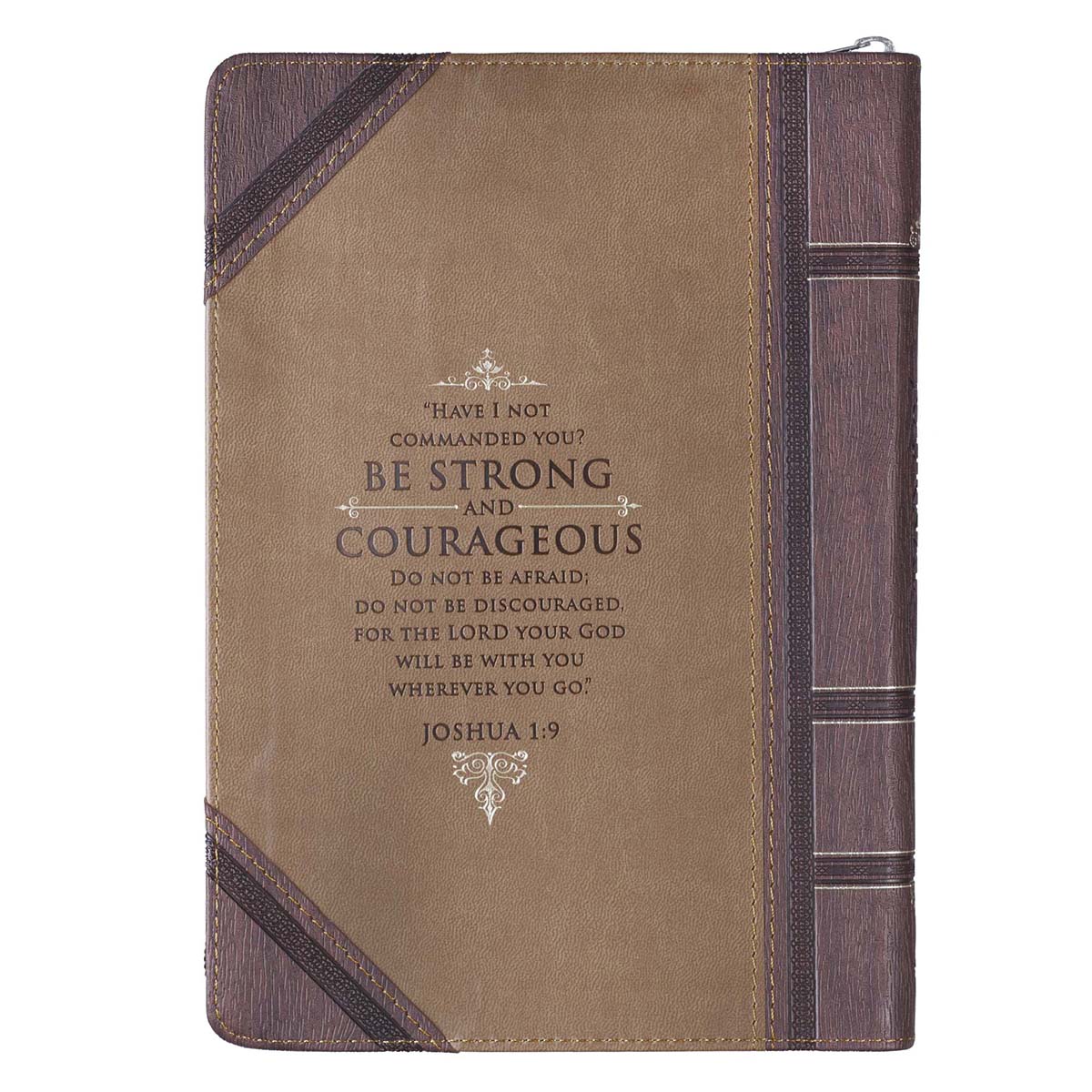 Back of Be Strong and Courageous walnut journal showing Joshua 1:9