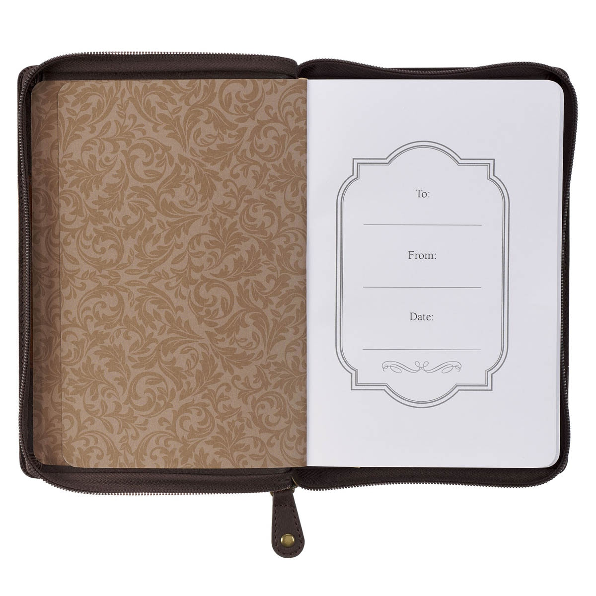 Man of God honey brown zippered journal open to its presentation page
