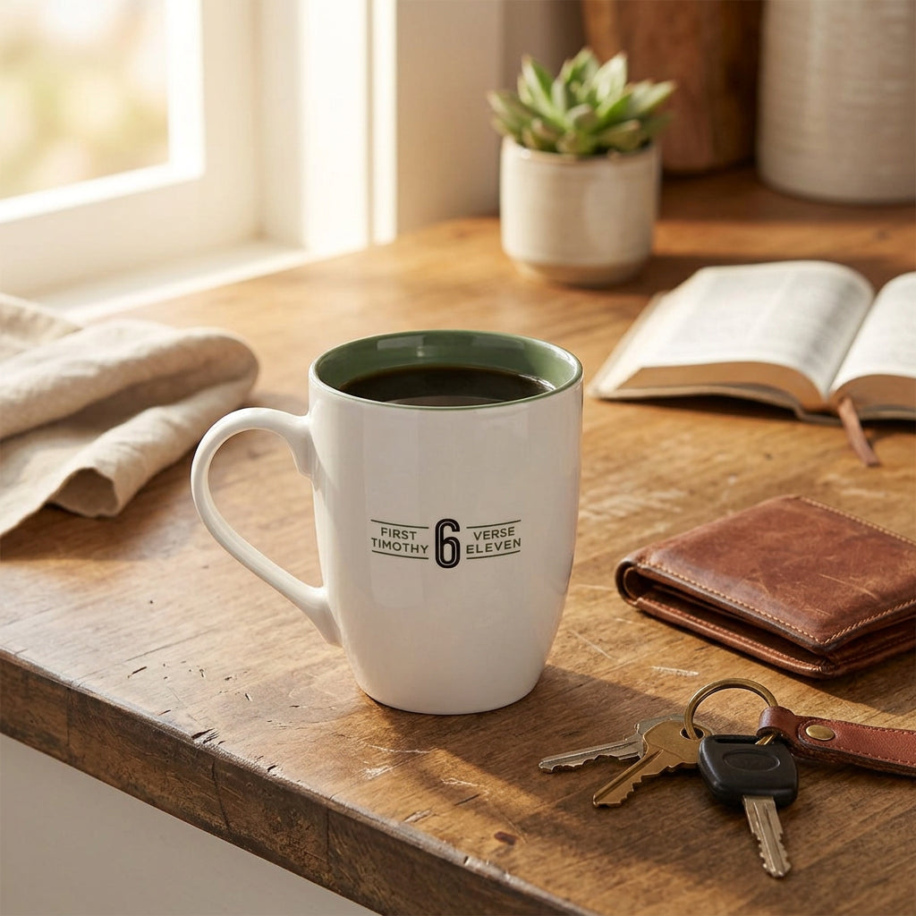 Back of the white Man of God mug with a green interior beside an open Bible, a wallet and keys.