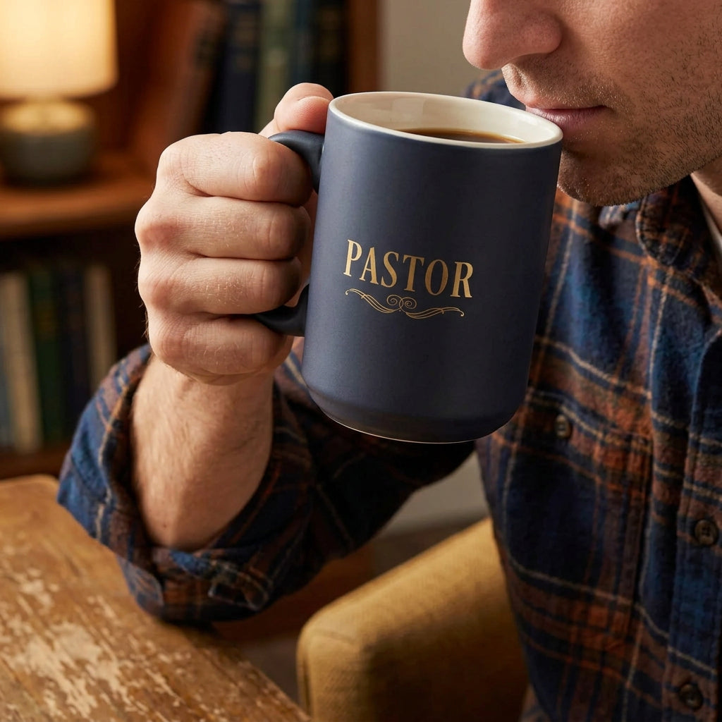 A person holding a navy Pastor mug near their face.