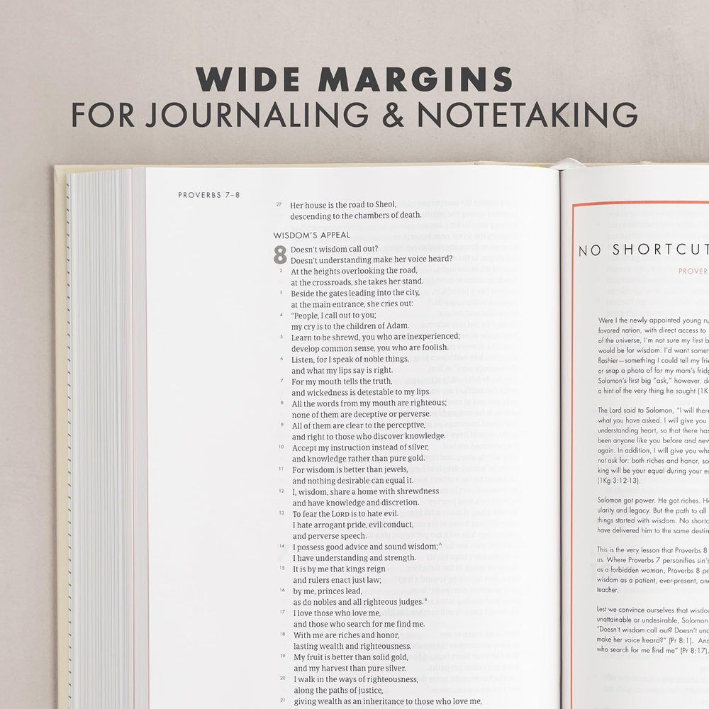 Open CSB She Reads Truth Bible showing Scripture and a devotional page, with wide margins for journaling and notes.