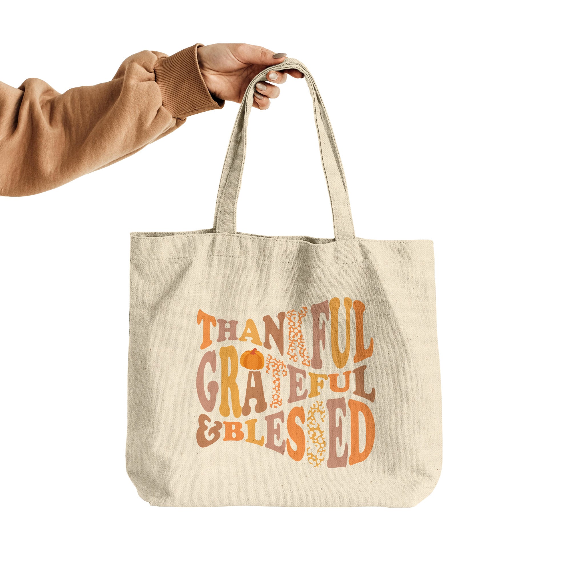 Thankful, Grateful, Blessed large canvas tote bag