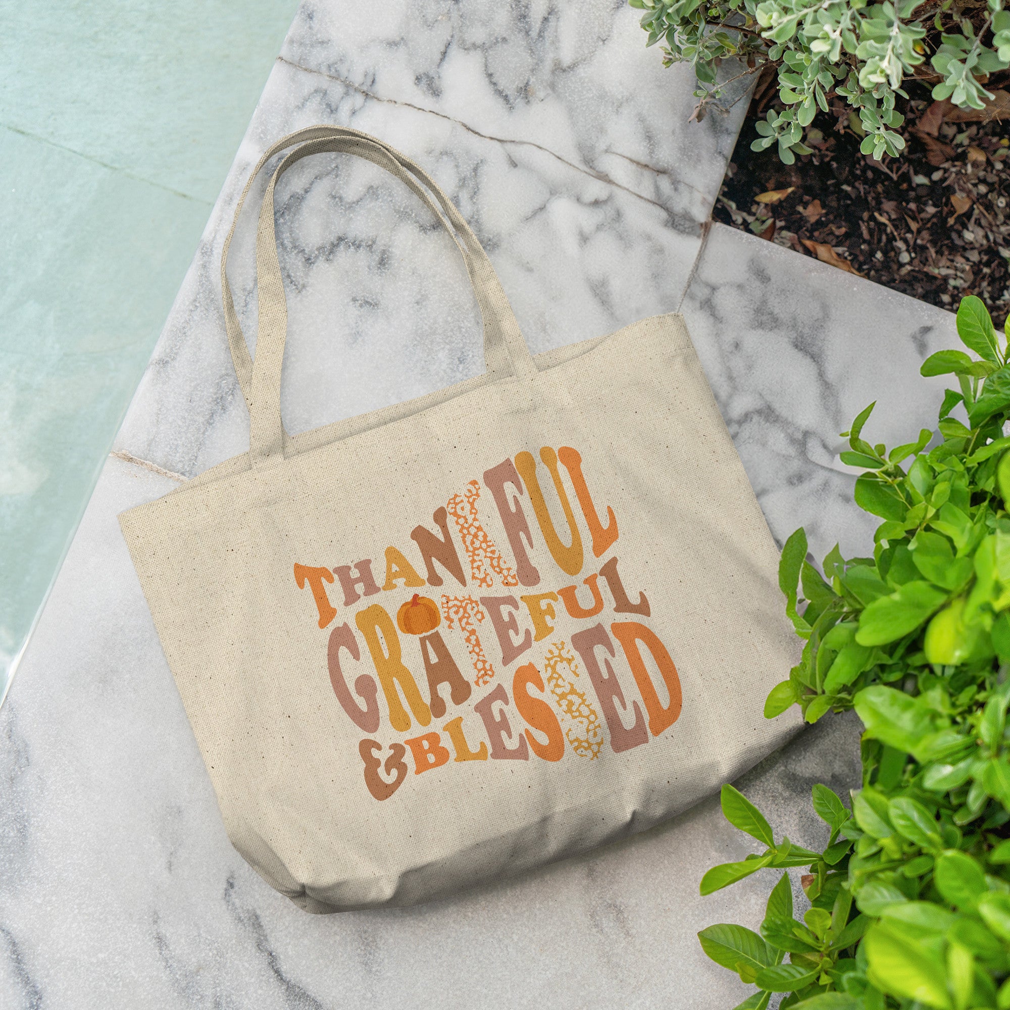Thankful, Grateful, Blessed large canvas tote bag