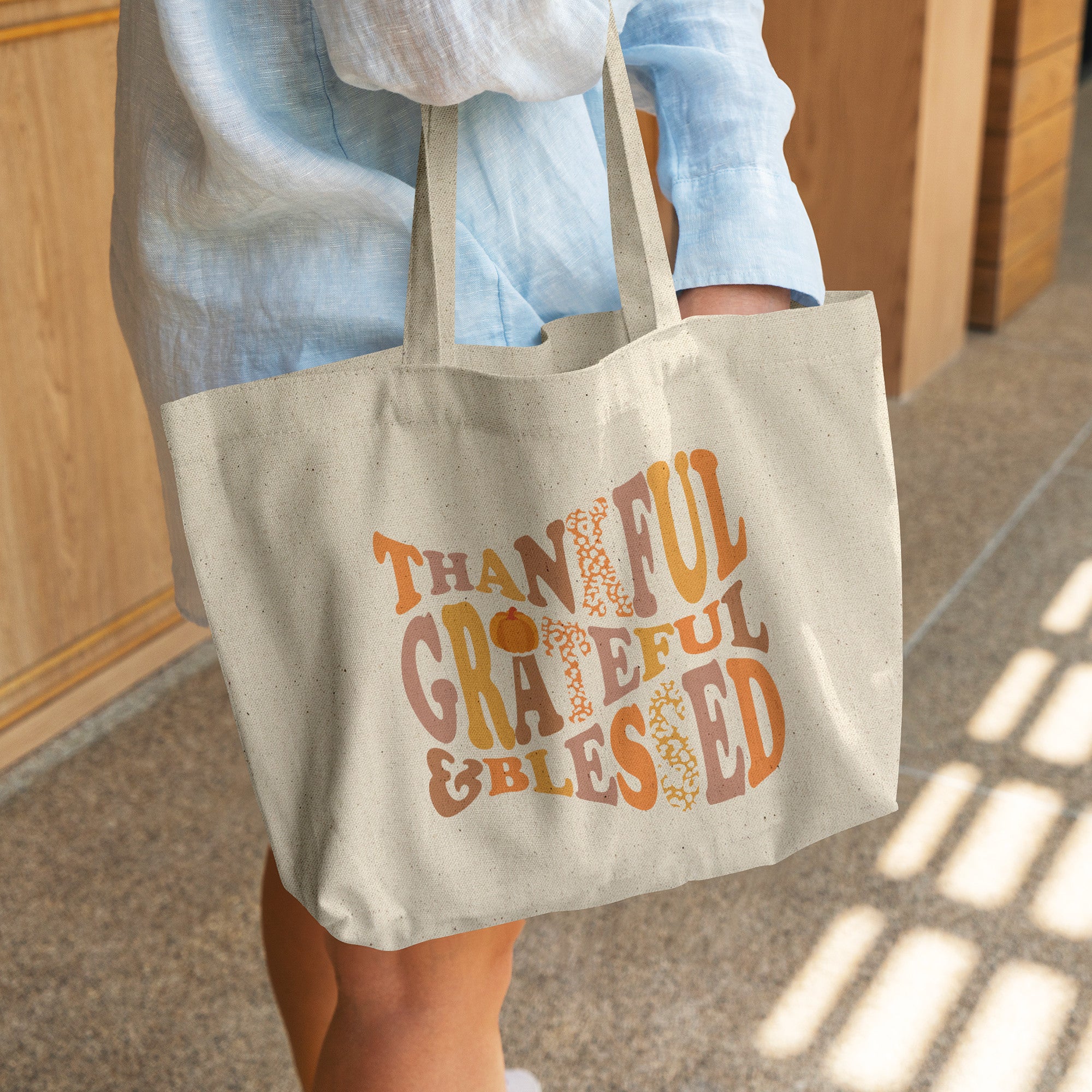 Thankful, Grateful, Blessed large canvas tote bag