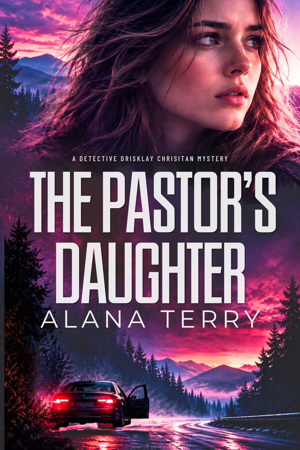 The Pastor's Daughter eBook cover by Alana Terry, with a woman, mountains, and a car on a winding road.