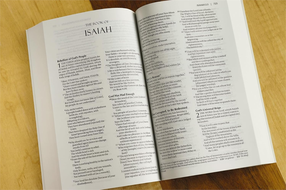 Amplified Holy Bible open to Isaiah, showing explanatory words within the double-column text.