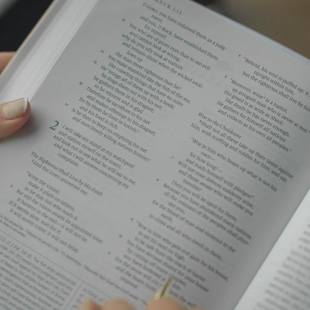 Close-up of Habakkuk Scripture pages in the ESV Applying the Gospel Study Bible for Women, showing its two-column text and study notes.