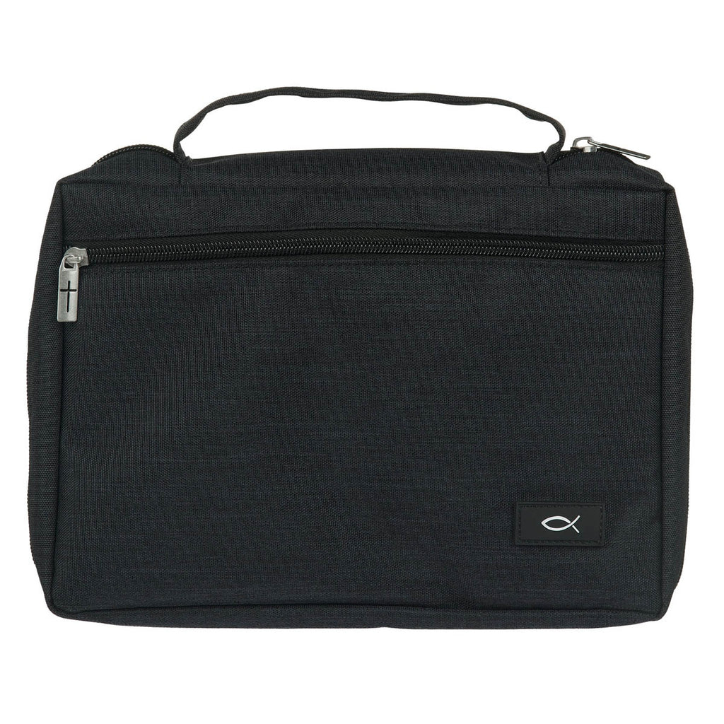 Front of large jet black poly-canvas Bible cover with white Ichthus fish patch and zip pocket