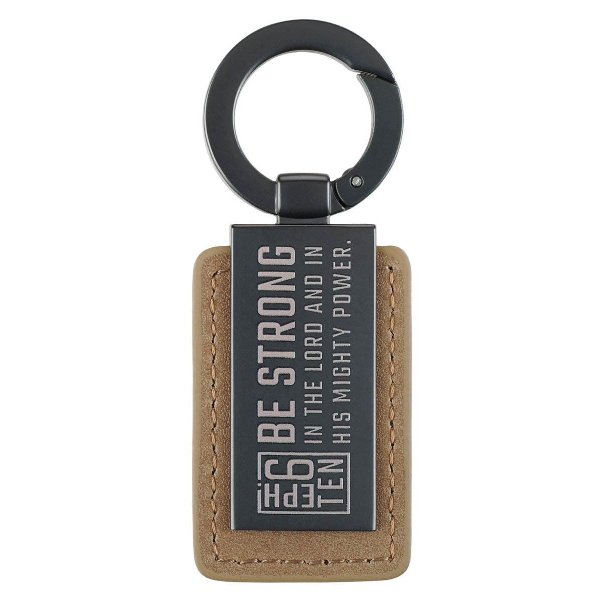 Tan faux leather and gunmetal gray Be Strong keychain with Ephesians 6:10