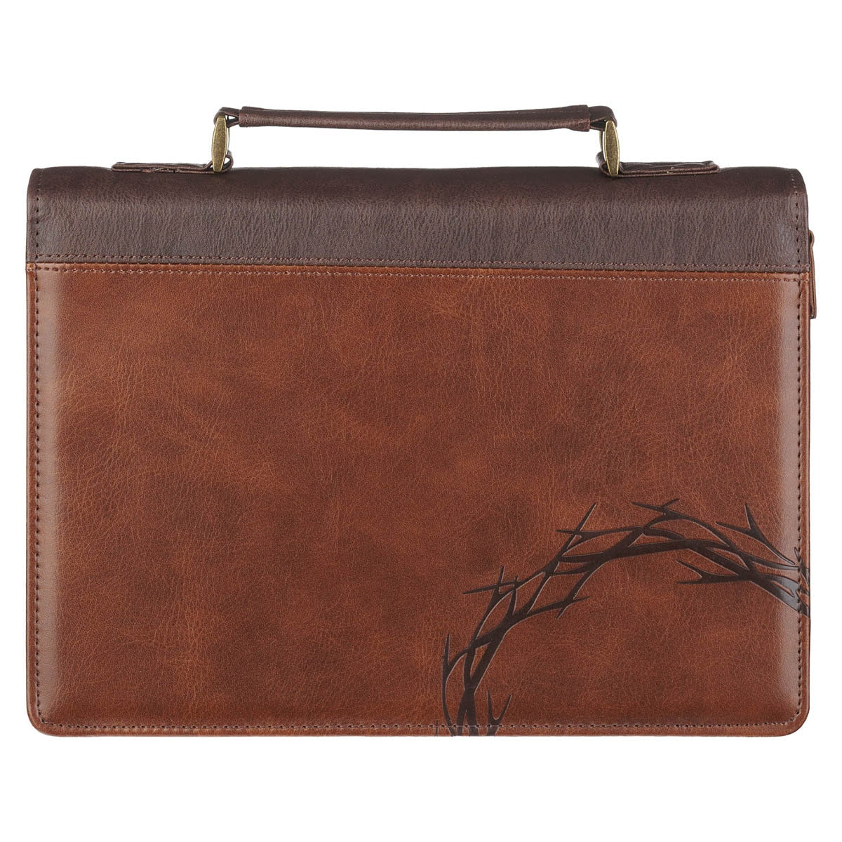 Front of medium chestnut and espresso brown Bible cover with a debossed crown of thorns