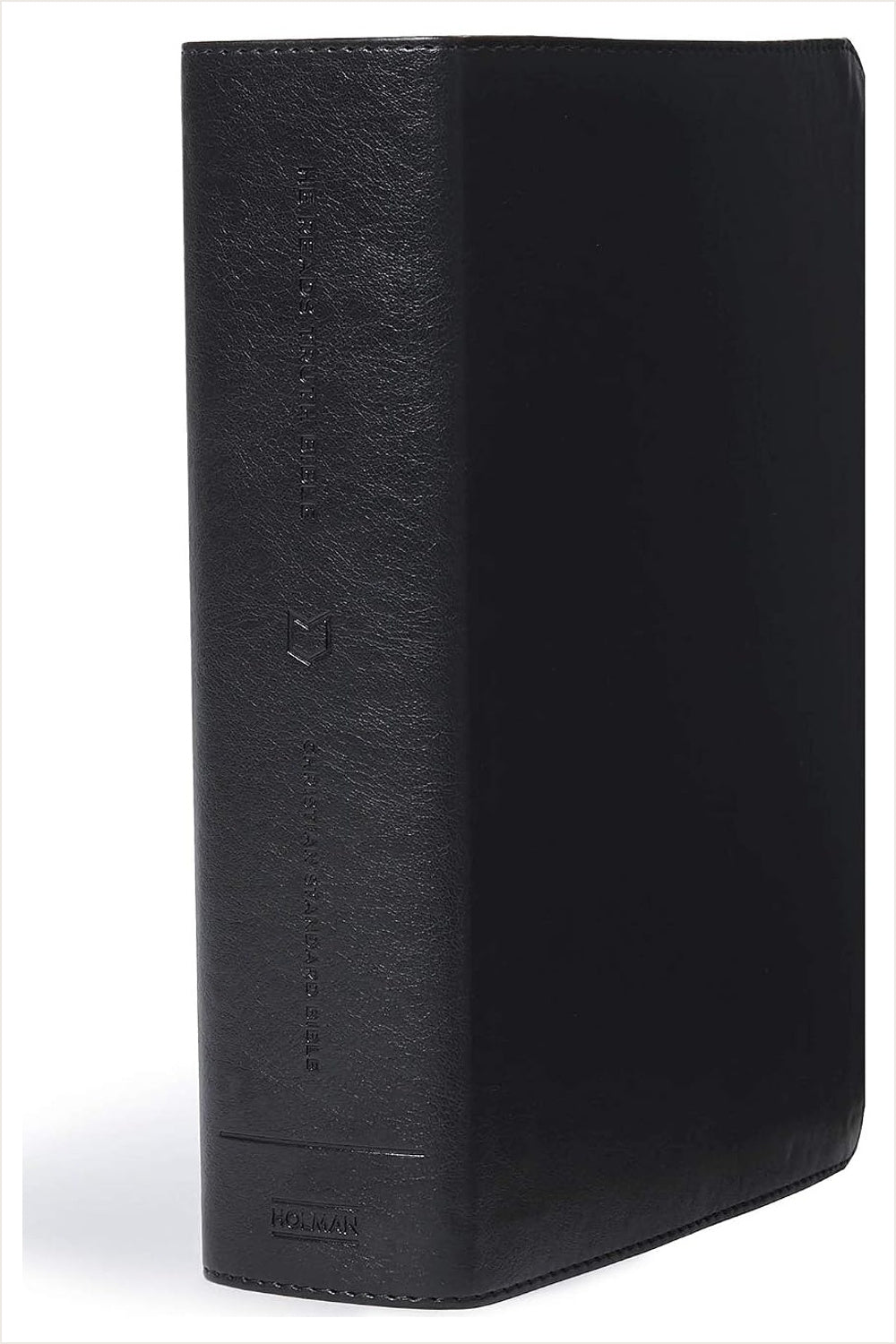 Black LeatherTouch CSB He Reads Truth Bible, shown upright with its textured cover and spine.