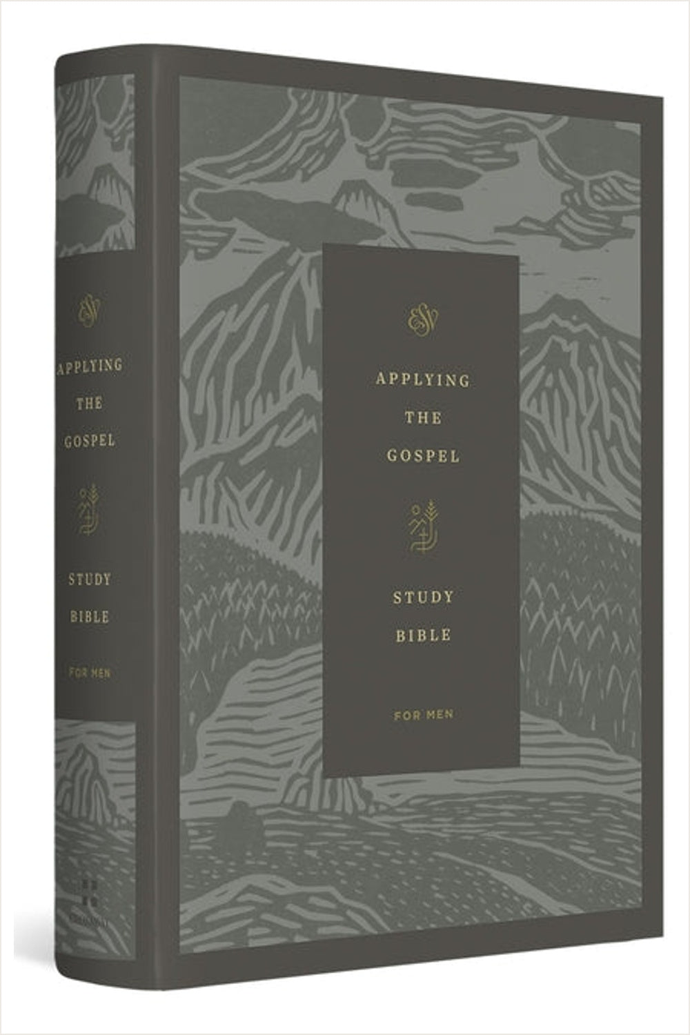ESV Applying the Gospel Study Bible for Men in a gray hardcover with a mountain and tree design.