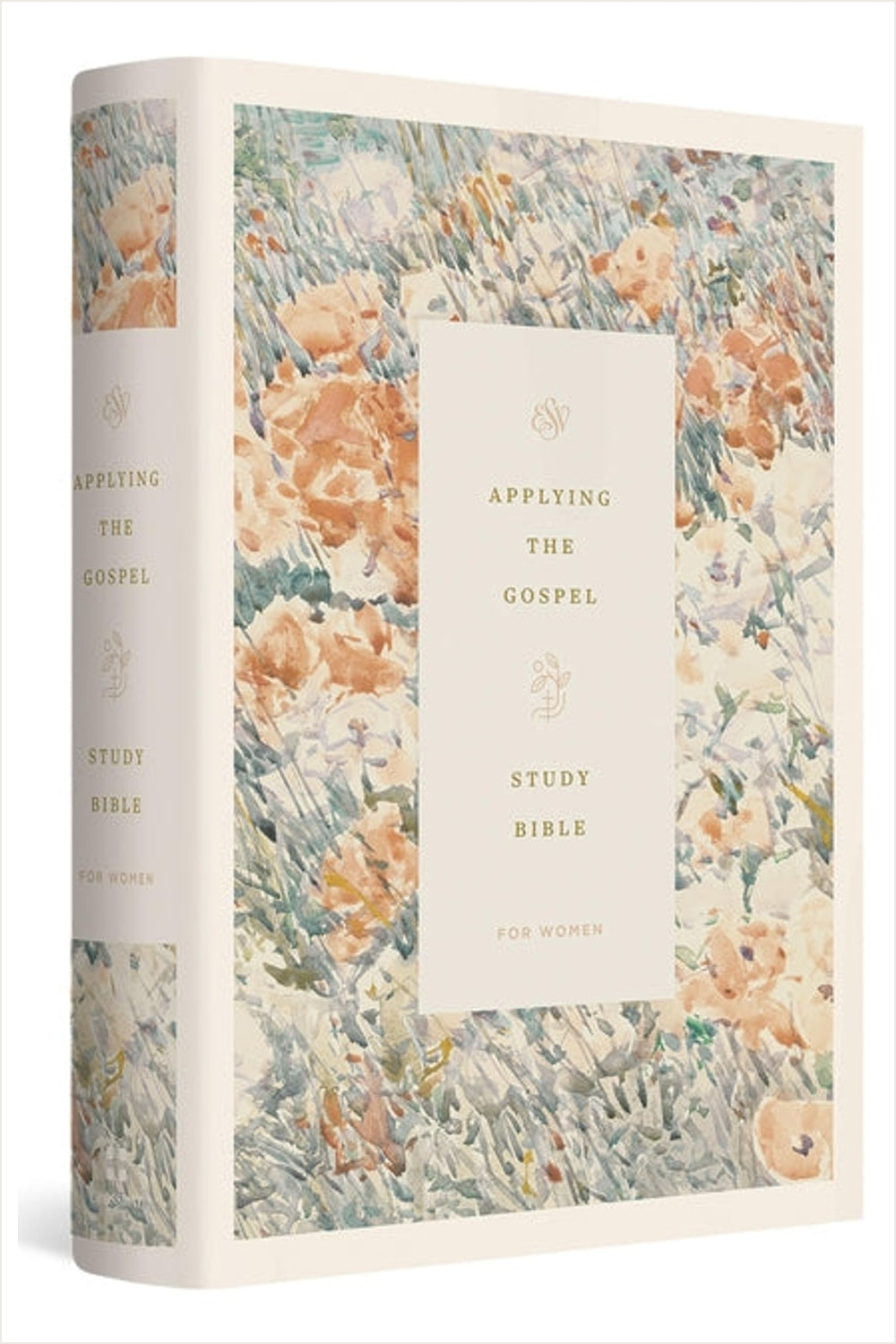 ESV Applying the Gospel Study Bible for Women in a cream hardcover with a pastel floral border.