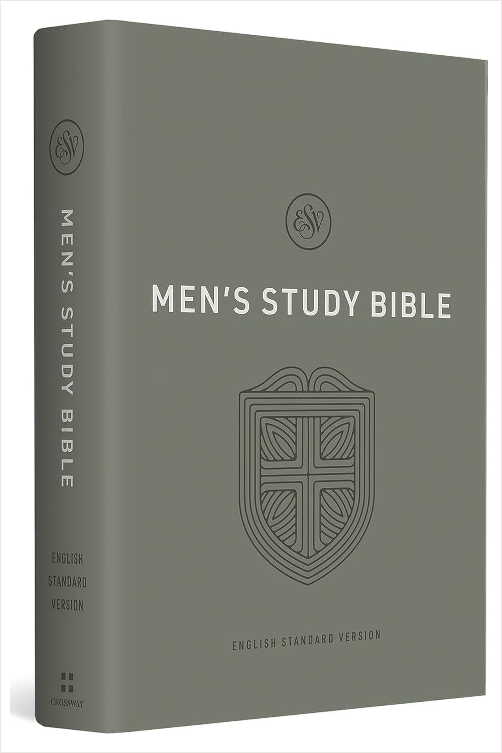 ESV Men's Study Bible in a gray-green hardcover with a shield design.