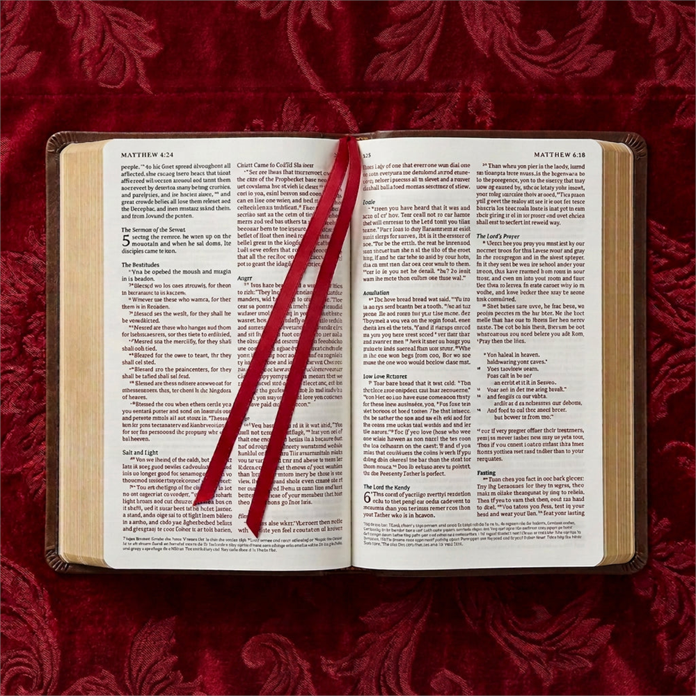 Open brown ESV Value Thinline Bible on red fabric, with a red ribbon across the pages.