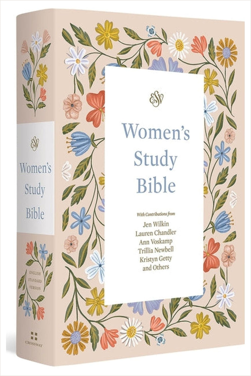 ESV Women's Study Bible with a peach floral cover, white title panel and matching spine.