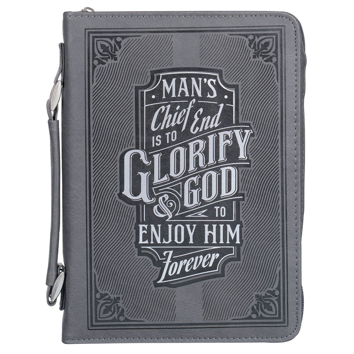 Front of medium gray Glorify God Bible cover with silver lettering and framed design