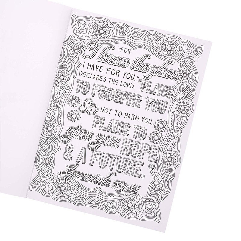 Open I Know the Plans I Have for You coloring book showing a full-page Jeremiah 29:11 floral line-art design.