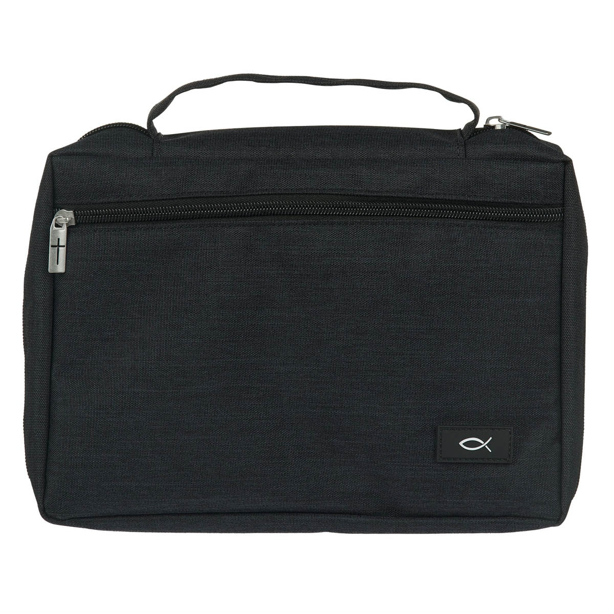 Front of large jet black poly-canvas Bible cover with white Ichthus fish patch and zip pocket