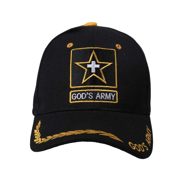 Black God's Army cap with gold star, white cross, and gold embroidery on the bill