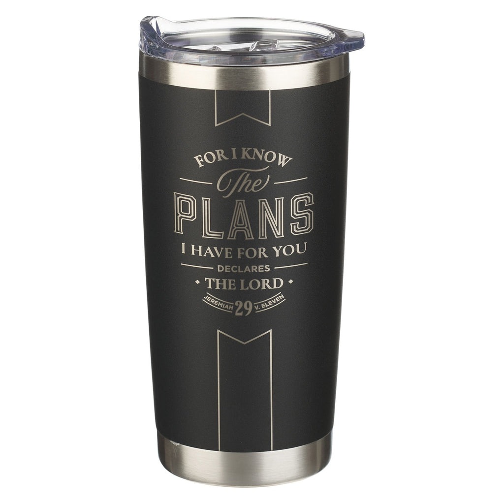 Black I Know the Plans Tumbler with laser-engraved Jeremiah 29:11 lettering and a clear lid.