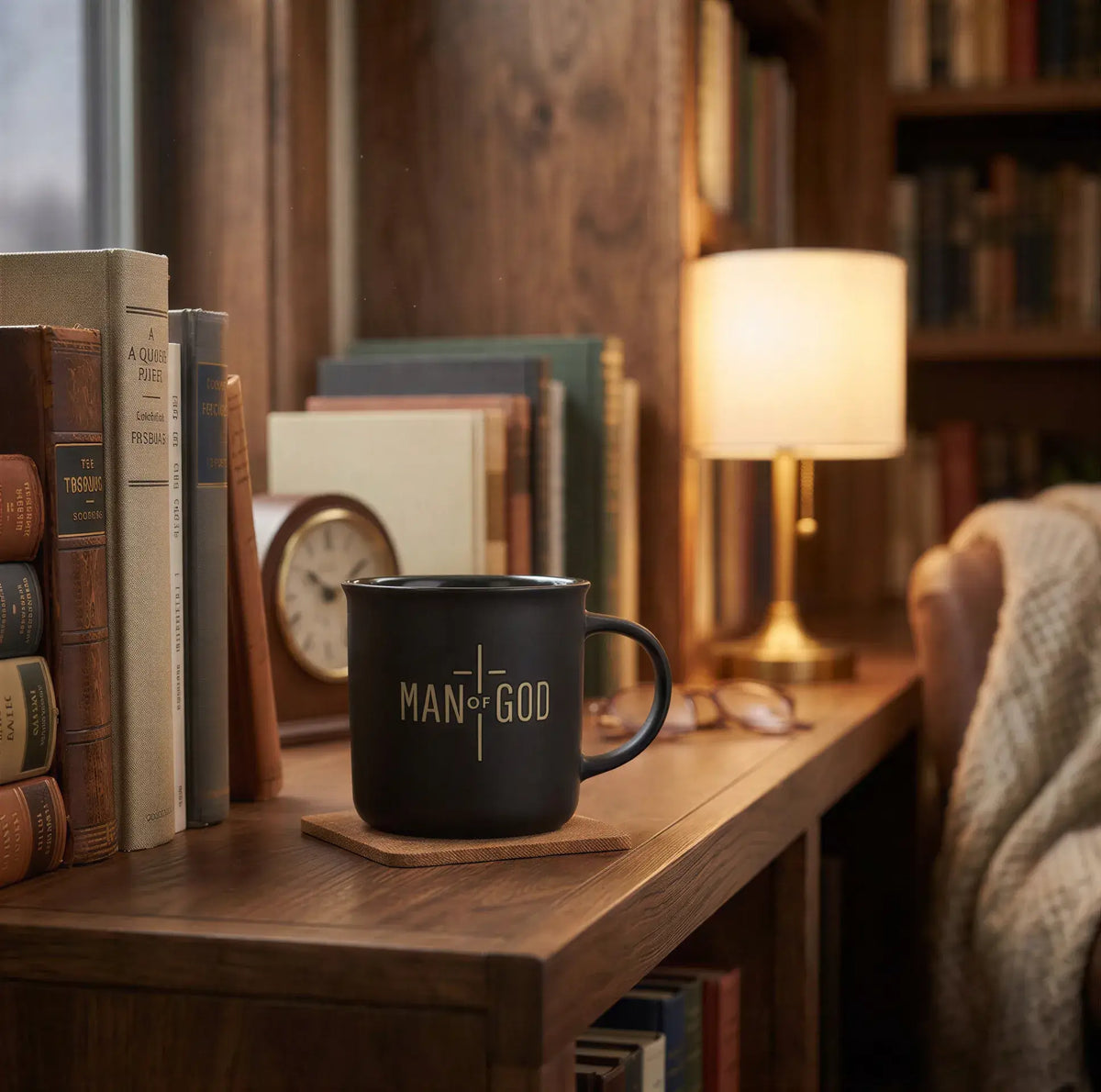 Man of God black camp mug on a wooden desk beside books, a clock and a lamp.