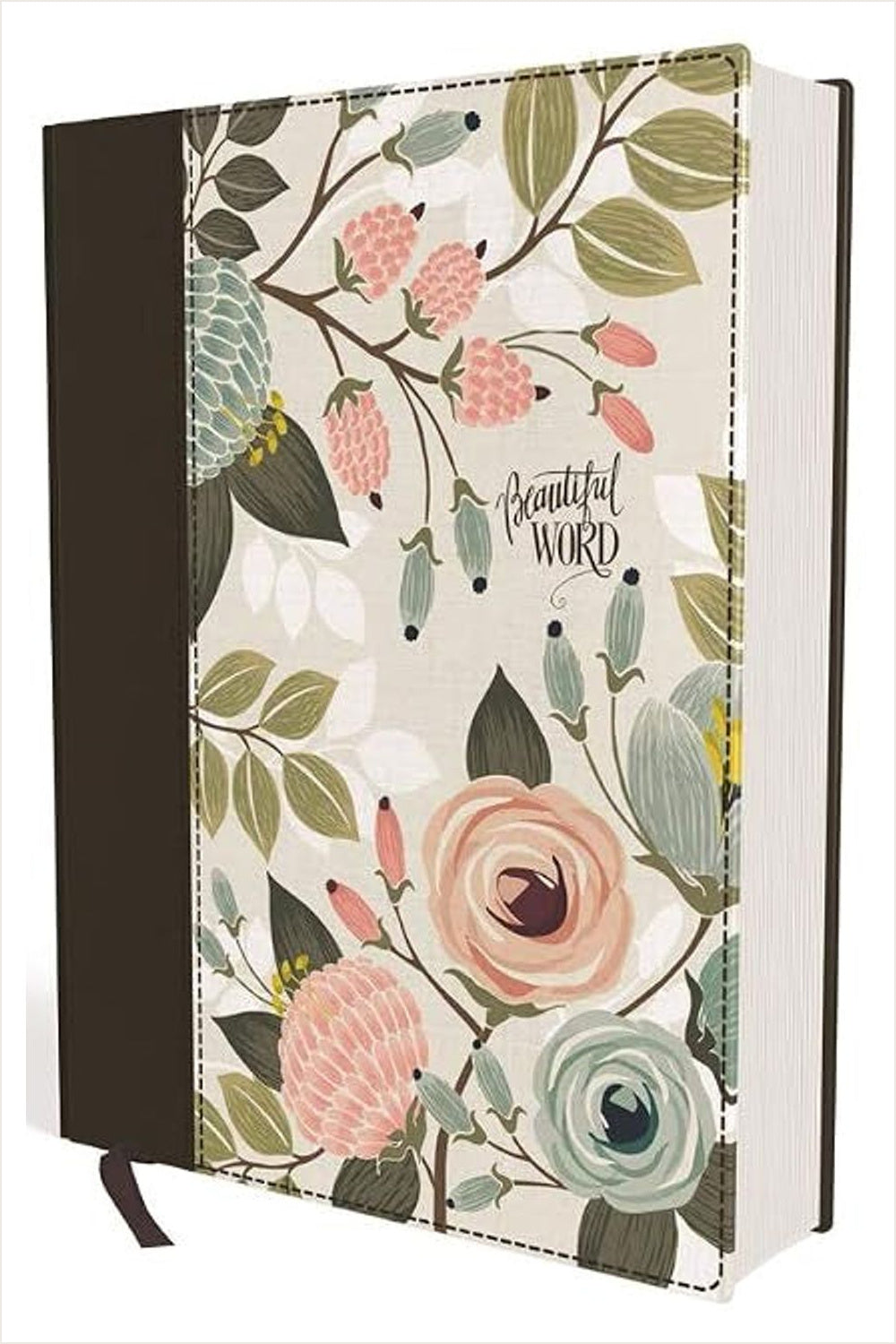 NIV Beautiful Word Bible with a cream multicolor floral cover, brown spine and ribbon markers.
