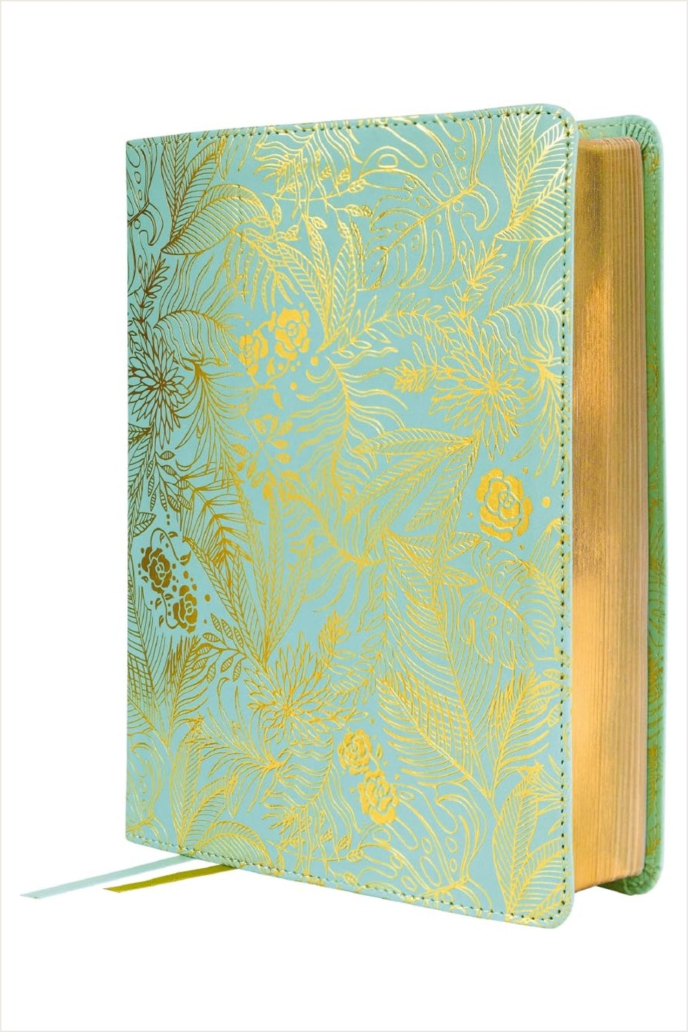 Teal NIV Journal the Word Bible for Women with gold floral decoration and two ribbon markers.