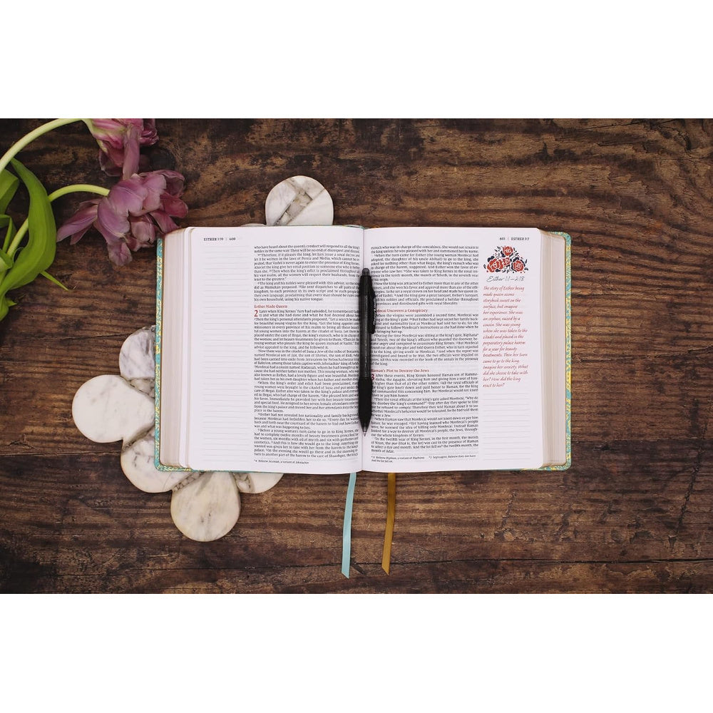 Open NIV Journal the Word Bible for Women showing Scripture and reflective prompts in two colors.