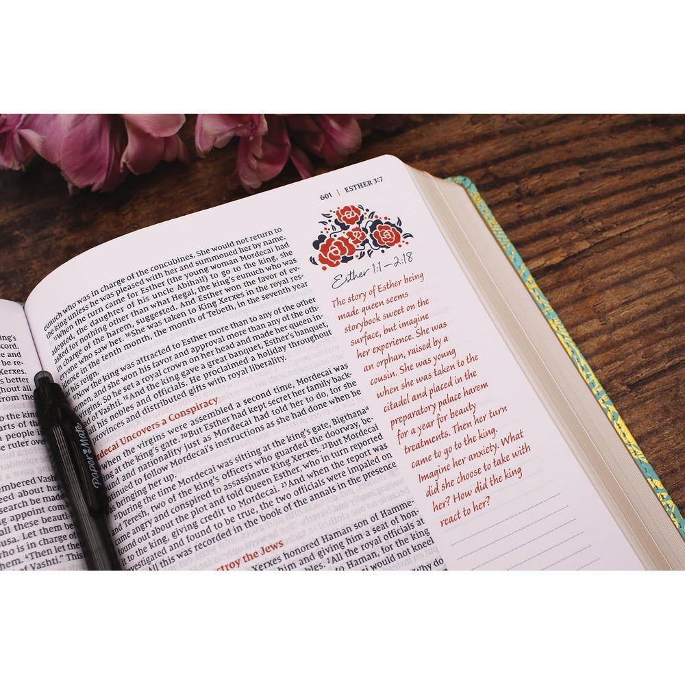 Close-up of Scripture and journaling prompts in the NIV Journal the Word Bible for Women.