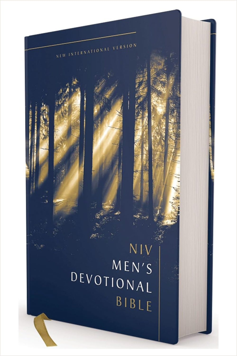 NIV Men's Devotional Bible in a navy hardcover with a sunlit forest design and yellow ribbon.