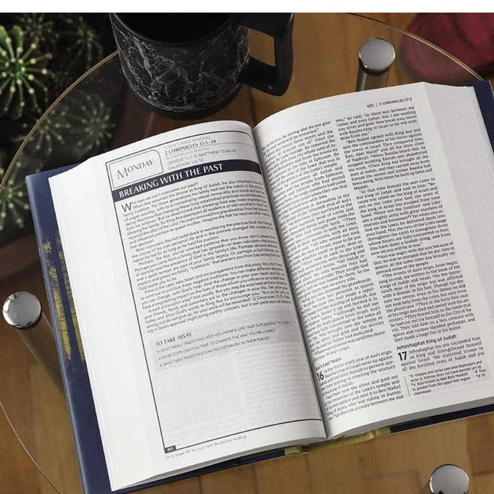 Open NIV Men's Devotional Bible showing Scripture alongside a devotional reading.