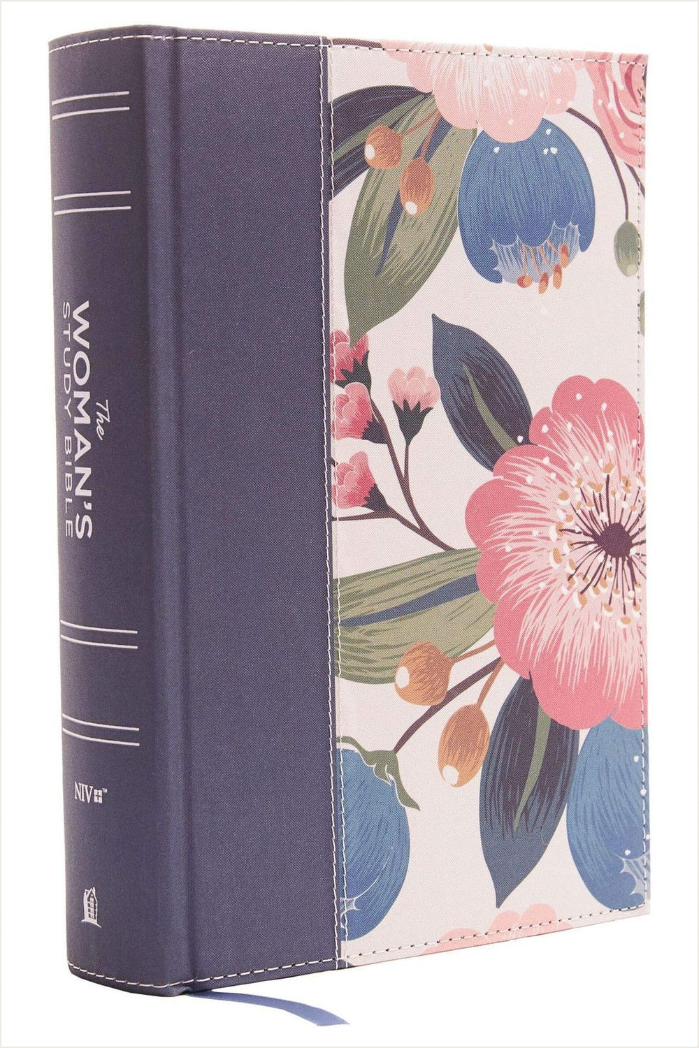 NIV Woman's Study Bible with a pink and blue floral cover, navy spine and stitched edges.