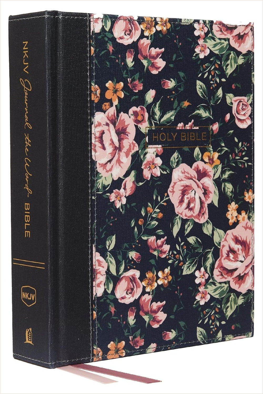 NKJV Journal the Word Bible with a dark gray floral cloth cover and pink ribbon markers.