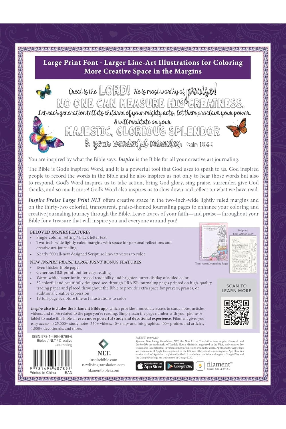 Back of the NLT Inspire PRAISE Large Print Bible retail box, showing the coloring and journaling features, interior examples and ISBN.