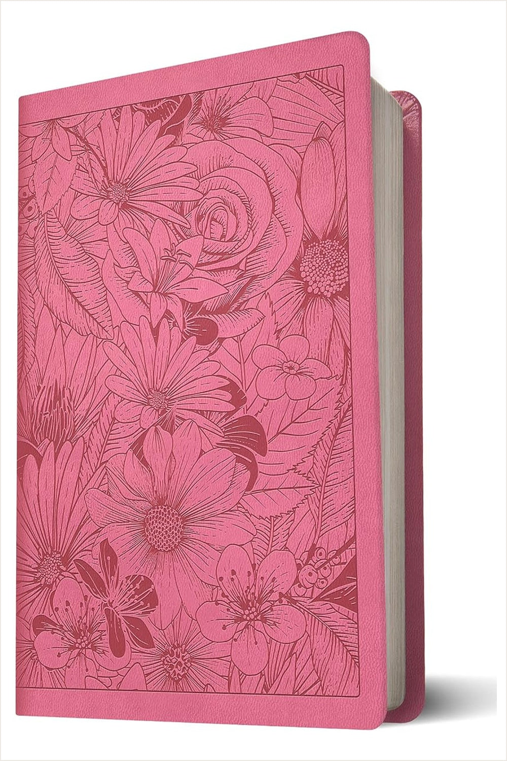 Garden pink NLT Large Print Thinline Bible with embossed flowers, shown upright without its packaging.