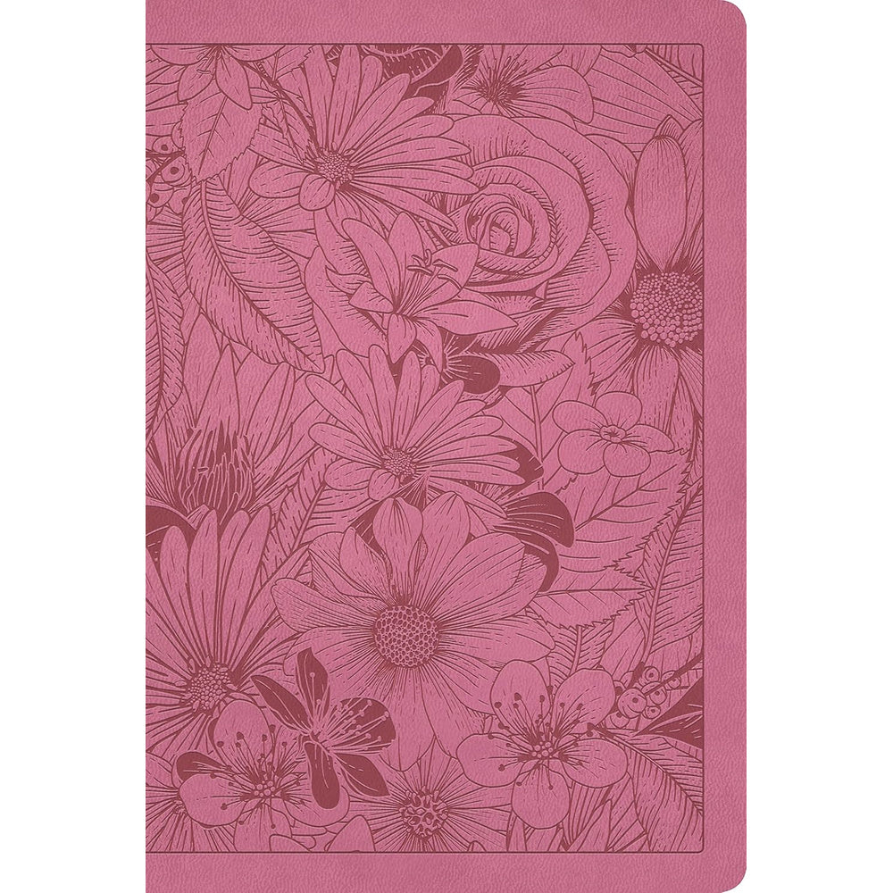 Front-cover detail of the garden pink NLT Large Print Thinline Bible, showing embossed floral decoration.