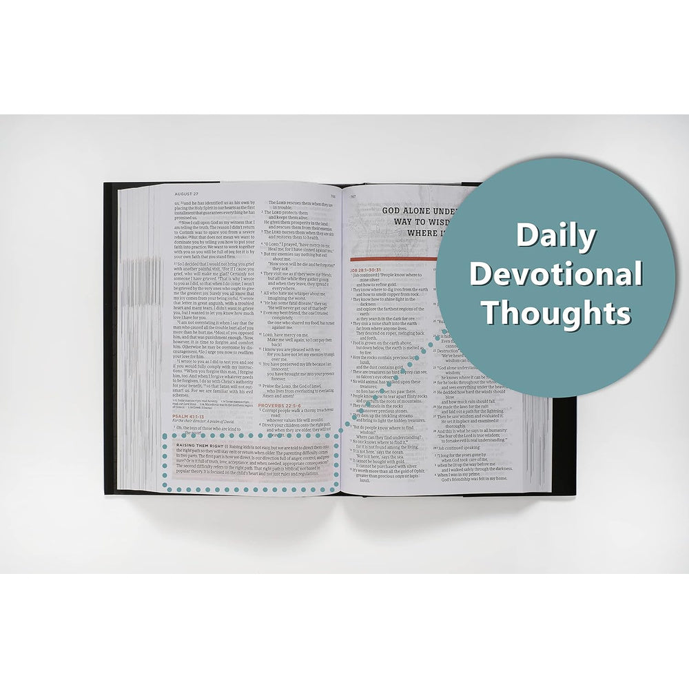 Open NLT One Year Bible for Men showing daily devotional thoughts beside Scripture readings.