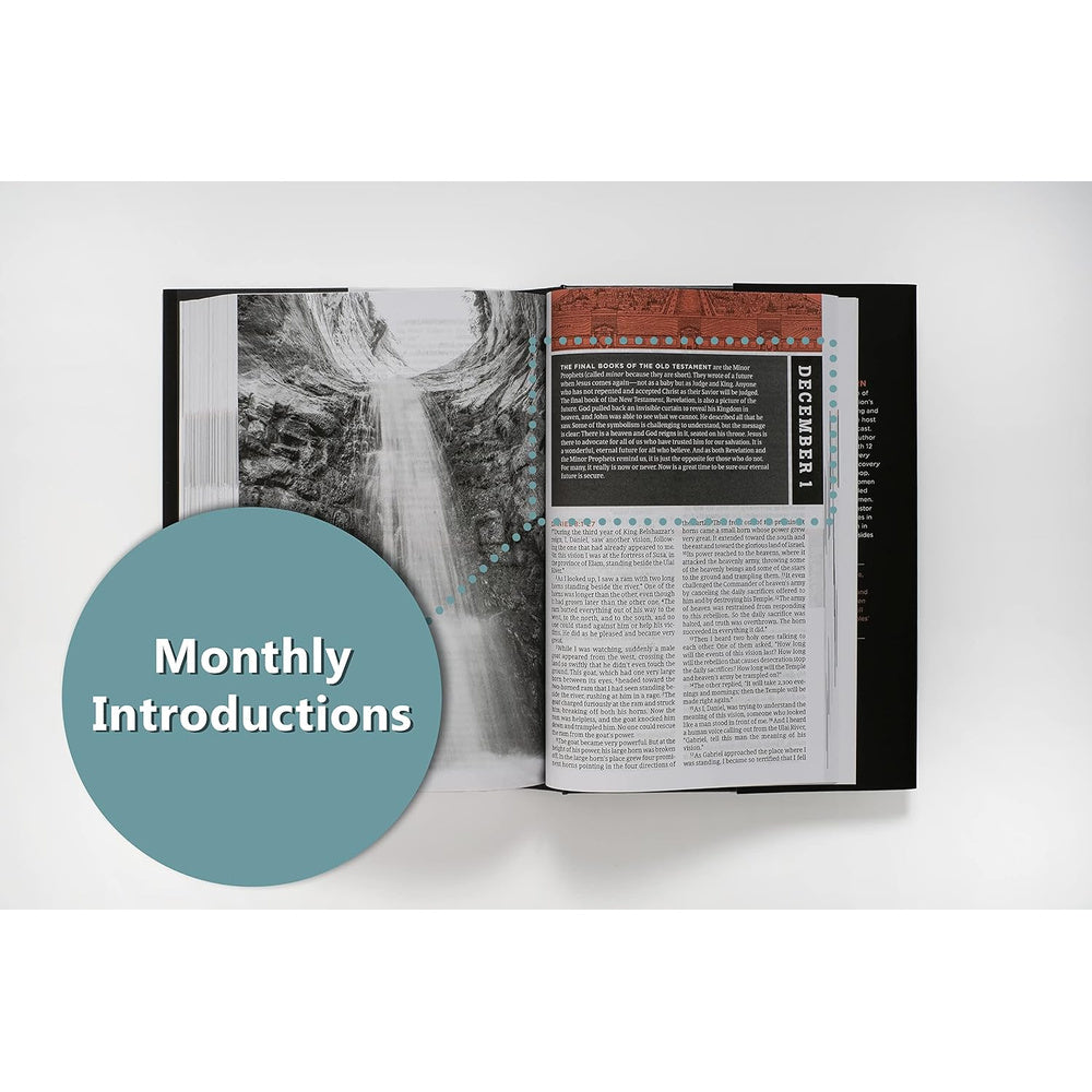 Open NLT One Year Bible for Men showing a monthly introduction and Scripture readings.