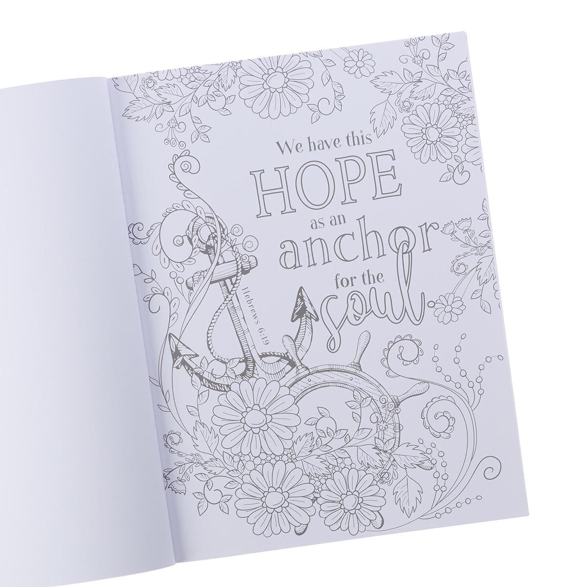 Open Color the Promises of God coloring book showing the Hebrews 6:19 anchor and floral line-art design.