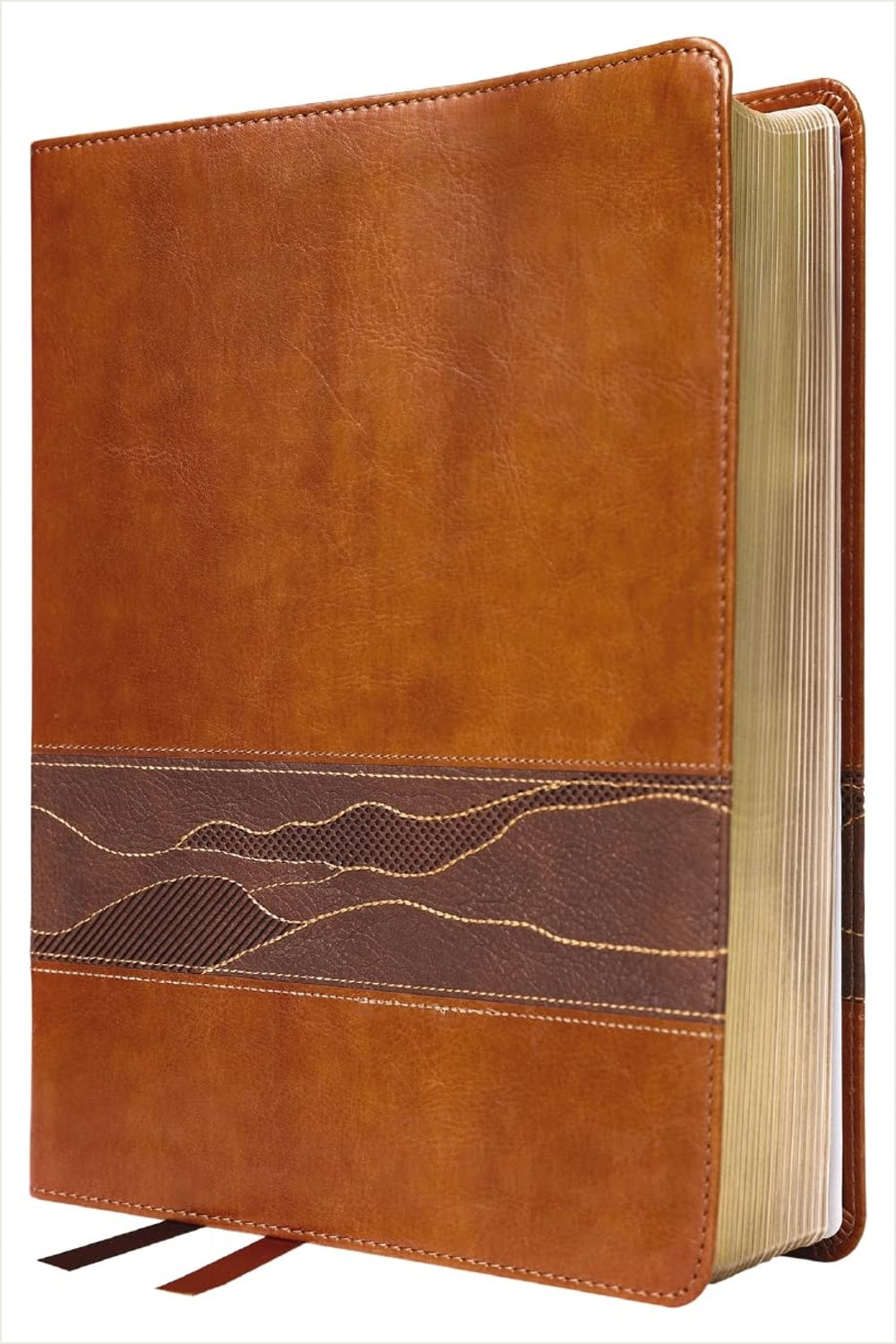 Rooted NIV Bible for Men in brown Leathersoft with a darker landscape band and ribbon markers.