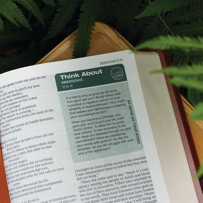 Close view of a Think About application note beside Scripture in Rooted: The NIV Bible for Men.